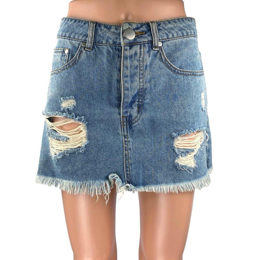 Caffeine Blue Distressed Frayed High Waisted Mini Denim Jeans A-Line Skirt Sz S